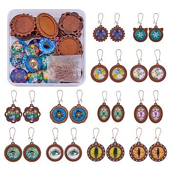DIY Geometry Wood Earring Making Kit, Including Wood Cabochons Settings, Eye & Butterfly & Star Glass Cabochons, Iron Hoop Earring Findings, Mixed Color, 76pcs/box