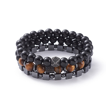 Unisex Stretch Bracelets Sets, Stackable Bracelets, with Natural Black Agate/Tiger Eye Beads, Non-Magnetic Synthetic Hematite Beads, Brass Micro Pave Cubic Zirconia Beads and Cardboard Packing Box, 2-1/4 inch(5.6cm), 3pcs/set