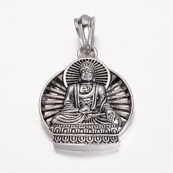 304 Stainless Steel Pendants, Buddha, Antique Silver, 46x37.5x6.5mm, Hole: 12x8mm