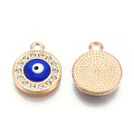 Rack Plating Alloy Enamel Pendants, with Crystal Rhinestone, Cadmium Free & Nickel Free & Lead Free, Flat Round with Evil Eye Charms, Blue, 18.5x15.5x3mm, Hole: 2.2mm(PALLOY-T077-219)