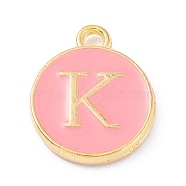 Golden Plated Alloy Enamel Charms, Enamelled Sequins, Flat Round with Alphabet, Letter.K, Pink, 14x12x2mm, Hole: 1.5mm(X-ENAM-Q437-14K)