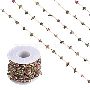 Natural Tourmaline Chips Beaded Chains, with Golden Brass Findings, Long-Lasting Plated, Soldered, with Spool, 4~14x4~11x2~7mm, about 3.28 Feet(1m)/Box(CHC-SZ0001-62C)