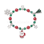 Christmas Theme Glass Beaded Bracelets, Alloy Enamel Charm Bracelets, Snowflake/Santa Claus/Christmas Tree , Colorful, Inner Diameter: 1-7/8 inch(4.8cm)(BJEW-JB11202)