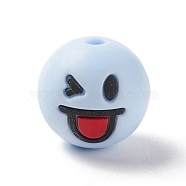 Silicone Beads, Baby Chewing Beads For Teethers, Round with Smiling Face, Sky Blue, 15.5mm, Hole: 2mm(DIY-B051-01C)