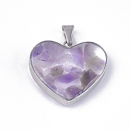 Natural Amethyst Pendants, with Glass and 304 Stainless Steel Findings, Heart, Stainless Steel Color, 19x21x6mm, Hole: 3x5.5mm(STAS-T043-01H)