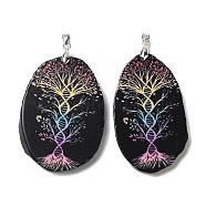 Natural Agate Big Pendants, Tree of Life Charms with Platinum Plated Metal Pinch Bails, Dyed & Heated, Colorful, 48~65x27~46x5.5~6mm, Hole: 5x3mm(G-E613-02P-01)