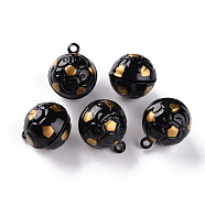 Baking Painted Brass Bell Pendants, Football, Black, 21x17.5x16.5mm, Hole: 2mm(KKB-S002-013A)