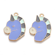 Alloy Pendants, Cadmium Free & Lead Free, with Enamel, Unicorn, Light Gold, Royal Blue, 28.5x20.5x1.5mm, Hole: 1.8mm(ENAM-S115-065B)