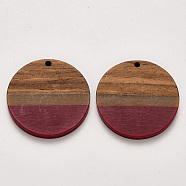 Resin & Walnut Wood Pendants, Waxed, Flat Round, Dark Red, 32.5x3~4mm, Hole: 2mm(RESI-S384-009A-A01)