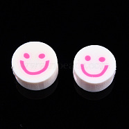 Handmade Polymer Clay Beads, Flat Round with Smiling Face, Hot Pink, 9~10x4mm, Hole: 1.2~1.6mm(CLAY-N011-64-08)