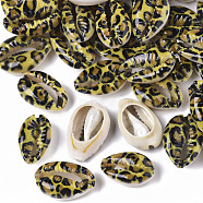 Printed Natural Cowrie Shell Beads, No Hole/Undrilled, with Leopard Print Pattern, Yellow, 18~21x12~15x7mm(X-SSHEL-R047-01-B06)
