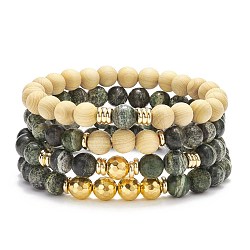 4Pcs 4 Style Natural Green Zebra Jasper & Wood & Synthetic Hematite Round Beaded Stretch Bracelets Set, Gemstone Jewelry for Women, Inner Diameter: 2-3/8 inch(6cm), 1Pc/style(BJEW-JB08361)