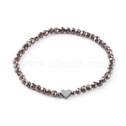 Electroplate Faceted Round Glass Beaded Bracelets, with Brass Heart Beads, Coconut Brown, Inner Diameter: 2-3/8 inch(6.1cm)(BJEW-JB06125-01)