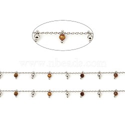 3.28 Feet Handmade Faceted Natural Tiger Eye Beaded Chains, Brass Curb Chains, Soldered, Real Platinum Plated, 3x1.8x0.8mm, Beads: 6x3mm(X-CHC-E021-02J-P)