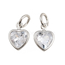 Brass with Cubic Zirconia Pendants, Heart Charms, with Jump Ring, Rack Plating, Long-Lasting Plated, Lead Free & Cadmium Free, Platinum, 9x7x3.5mm, Hole: 3.5mm(KK-A269-50P)