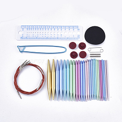 Knitting Tool Sets, Aluminum Circular Knitting Needles, Stitch Holder, Ruler, Mat, Steel Wire, Loop Pin Assistive Tools, Metal Tube for Extension, Gasket, Mixed Color, 20x17.5x2.1cm(TOOL-S011-06)