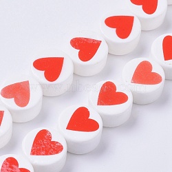 Porcelain Beads, Flat Round with Heart, Red, 14~15x8mm, Hole: 1.8mm, about 25pcs/strand, 14.1 inch(36cm)(PORC-G003-01)