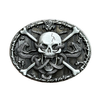 Zinc Alloy Smooth Buckles, Belt Fastener for Men Western Cowboy, Oval with Skull and Snake Pattern, Gunmetal, 80x62mm