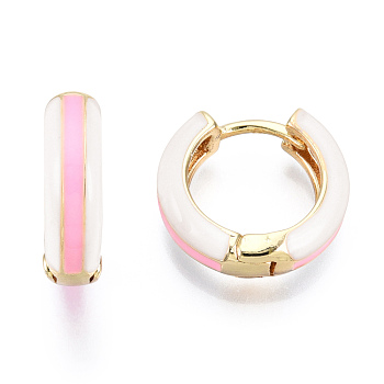 Brass Huggie Hoop Earrings, with Two Tone Enamel, Real 18K Gold Plated, Pearl Pink, 15x16.5x5mm, Pin: 1x1mm