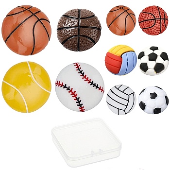 20pcs 10 sizes Resin Cabochons, Football & Volleyball & Baseball/Softball & Tennis & Basketball, Mixed Color, 2pcs/style