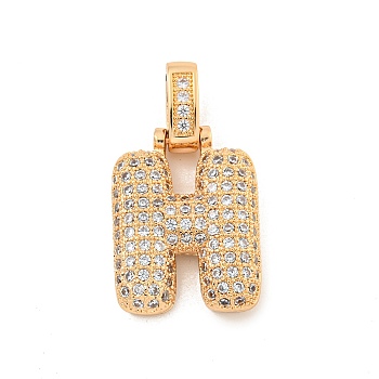 Brass Micro Pave Clear Cubic Zirconia Pendants, Real 18K Gold Plated, Letter H, 31x17x5mm, Hole: 3x6mm