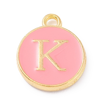 Golden Plated Alloy Enamel Charms, Enamelled Sequins, Flat Round with Alphabet, Letter.K, Pink, 14x12x2mm, Hole: 1.5mm