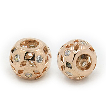 Brass Cubic Zirconia European Beads, Rondelle, Rose Gold, 12x9mm, Hole: 5mm