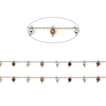 3.28 Feet Handmade Faceted Natural Tiger Eye Beaded Chains, Brass Curb Chains, Soldered, Real Platinum Plated, 3x1.8x0.8mm, Beads: 6x3mm