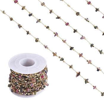 Natural Tourmaline Chips Beaded Chains, with Golden Brass Findings, Long-Lasting Plated, Soldered, with Spool, 4~14x4~11x2~7mm, about 3.28 Feet(1m)/Box