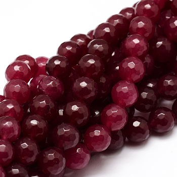 Dyed Natural White Jade Round Beads Strands, Faceted, Cerise, 10mm, Hole: 1mm, about 38pcs/strand, 14.5 inch