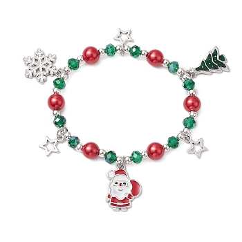 Christmas Theme Glass Beaded Bracelets, Alloy Enamel Charm Bracelets, Snowflake/Santa Claus/Christmas Tree , Colorful, Inner Diameter: 1-7/8 inch(4.8cm)