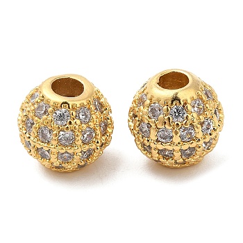 Brass Micro Pave Clear Cubic Zirconia Beads, Round, Real 18K Gold Plated, 7.5~8mm, Hole: 2mm