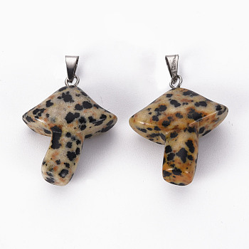 Natural Dalmatian Jasper Pendants, with Stainless Steel Snap On Bails, Mushroom, Stainless Steel Color, 27.5~28.5x23~25x9.5~10.5mm, Hole: 3x5mm
