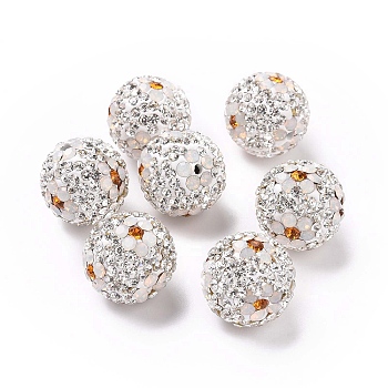 Polymer Clay Rhinestone Beads, Pave Disco Ball Beads, Round with Flower, Crystal, 16mm, Hole: 1.6~1.8mm