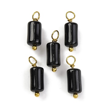 Natural Obsidian Cloumn Pendants, Geometric Charms with Golden Tone 304 Stainless Steel Loops, 17.5x6x6mm, Hole: 2mm