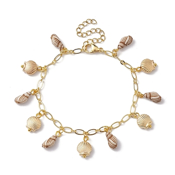 Acrylic Shell Shape Charm Bracelets, with Alloy Oval Link Chains, Golden, 7-1/8 inch(18.2cm)