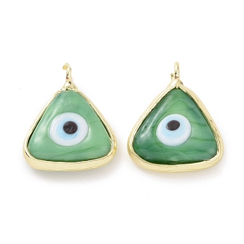 Handmade Evil Eye Lampwork Charms, with Real 18K Gold Plated Tone Brass Findings, Triangle Charm, Dark Sea Green, 12x13x4mm, Hole: 2mm