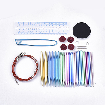 Knitting Tool Sets, Aluminum Circular Knitting Needles, Stitch Holder, Ruler, Mat, Steel Wire, Loop Pin Assistive Tools, Metal Tube for Extension, Gasket, Mixed Color, 20x17.5x2.1cm