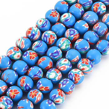 Handmade Polymer Clay Beads Strands,  Round, Royal Blue, 8~9x8mm, Hole: 1.8mm, about 40pcs/strand, 12.80 inch~12.99 inch(32.5~33cm)