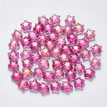 Spray Painted Glass Beads, with Glitter Powder, Star, Fuchsia, 8x8.5x4mm, Hole: 1mm