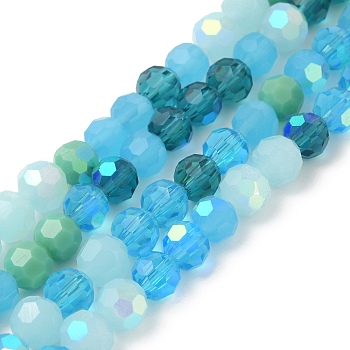 Electroplate Glass Beads Strands, Faceted, Half AB Color Plated, Round, Deep Sky Blue, 6x5mm, Hole: 1.4mm, about 100pcs/strand, 20.87 inch(53cm)