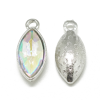 Alloy Glass Pendants, Faceted, Horse Eye, Platinum, Clear AB, 20x9x5mm, Hole: 1.5mm