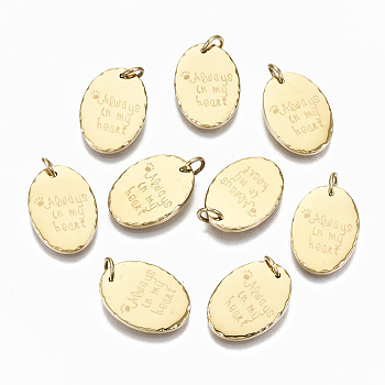304 Stainless Steel Pendants, with Jump Rings, Oval with Word always in my heart, for Valentine's Day, Real 14K Gold Plated, 17.5x12.5x2mm, Jump Ring: 5x0.8mm, 3.4mm inner diameter