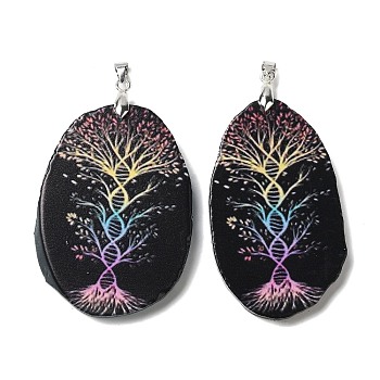 Natural Agate Big Pendants, Tree of Life Charms with Platinum Plated Metal Pinch Bails, Dyed & Heated, Colorful, 48~65x27~46x5.5~6mm, Hole: 5x3mm