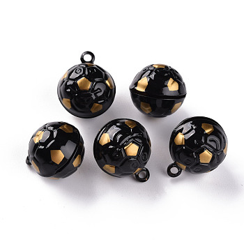 Baking Painted Brass Bell Pendants, Football, Black, 21x17.5x16.5mm, Hole: 2mm