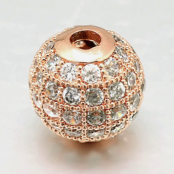 Round Brass Micro Pave Cubic Zirconia Beads, Clear, Rose Gold, 10mm, Hole: 2mm