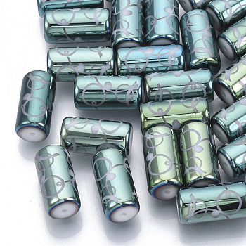 Electroplate Glass Beads, Column with Circle Dot Pattern, Aquamarine, 20x10mm, Hole: 1.2mm, about 50pcs/bag