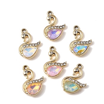 UV Plating Alloy Glass Pendants, Swan Charm, with Rhinestone, Faceted, Mixed Color, Golden, 23x16x4.5mm, Hole: 1.8mm