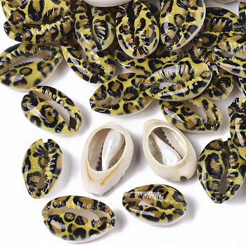 Printed Natural Cowrie Shell Beads, No Hole/Undrilled, with Leopard Print Pattern, Yellow, 18~21x12~15x7mm