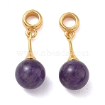 Natural Amethyst & Brass European Dangle Charms, Round Large Hole Pendants, Cadmium Free & Lead Free, Rack Plating, Long-Lasting Plated, Real 24K Gold Plated, 29.5mm, Hole: 4.5mm(GG-D002-15G-01)